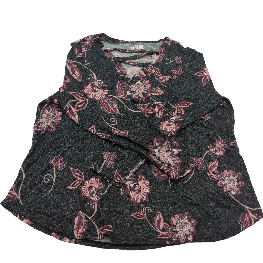 Maurices 24/7 Floral Lattice Neck Long Sleeve Top Grey Pink Plus Size 2